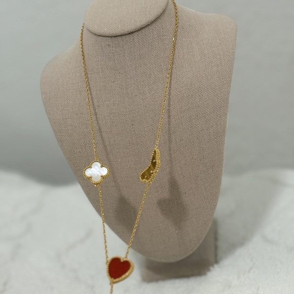 18K Gold Multi-Charm Necklace Clover, Heart, Butterfly & Leaf   (item #181) - Picture 4 of 7